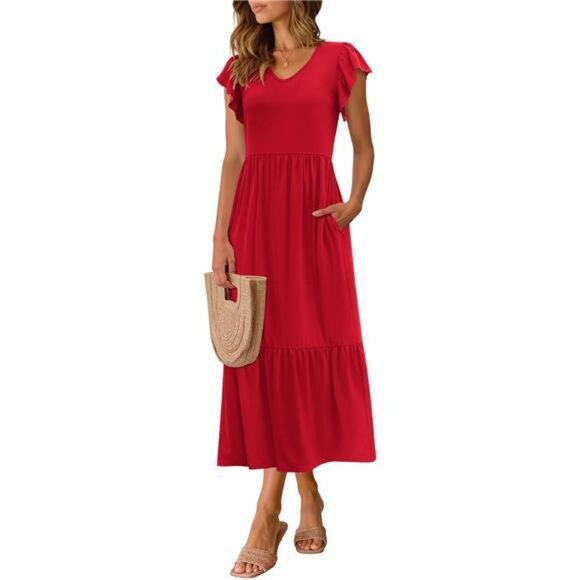 Dresses & Skirts - Women Summer Dresses 2025 Trendy Ruffle Sleeve V Neck Tiered Flowy A Line
